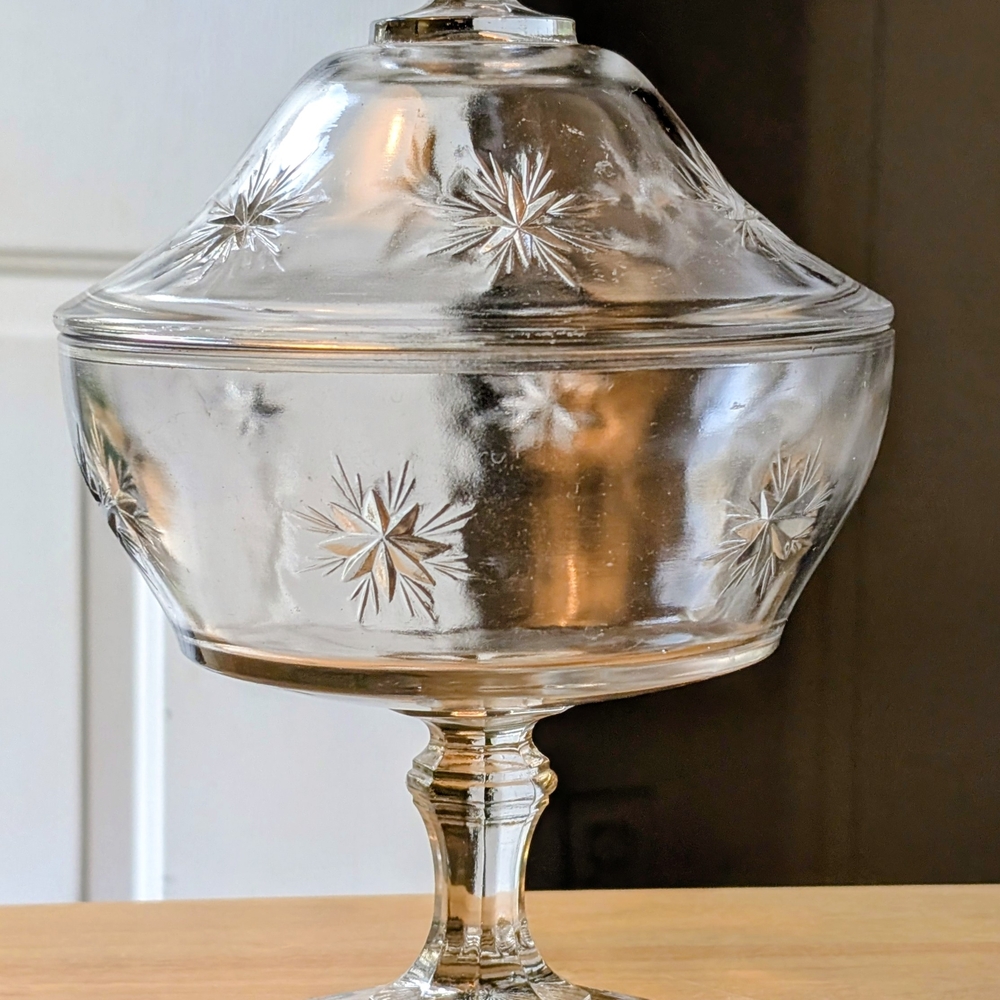 Clear Glass Compote with Starburst Etching - Elegant Home Dining Accent - Picture 3 of 10